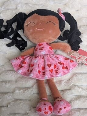 Ragdoll Pink Heart Print Dress Plush Doll with Black Hair